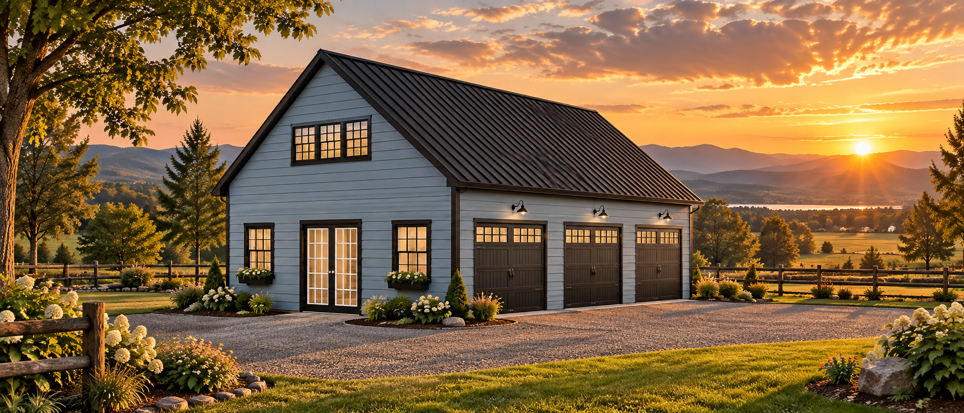 Gray two-story, three-bay garage design concept