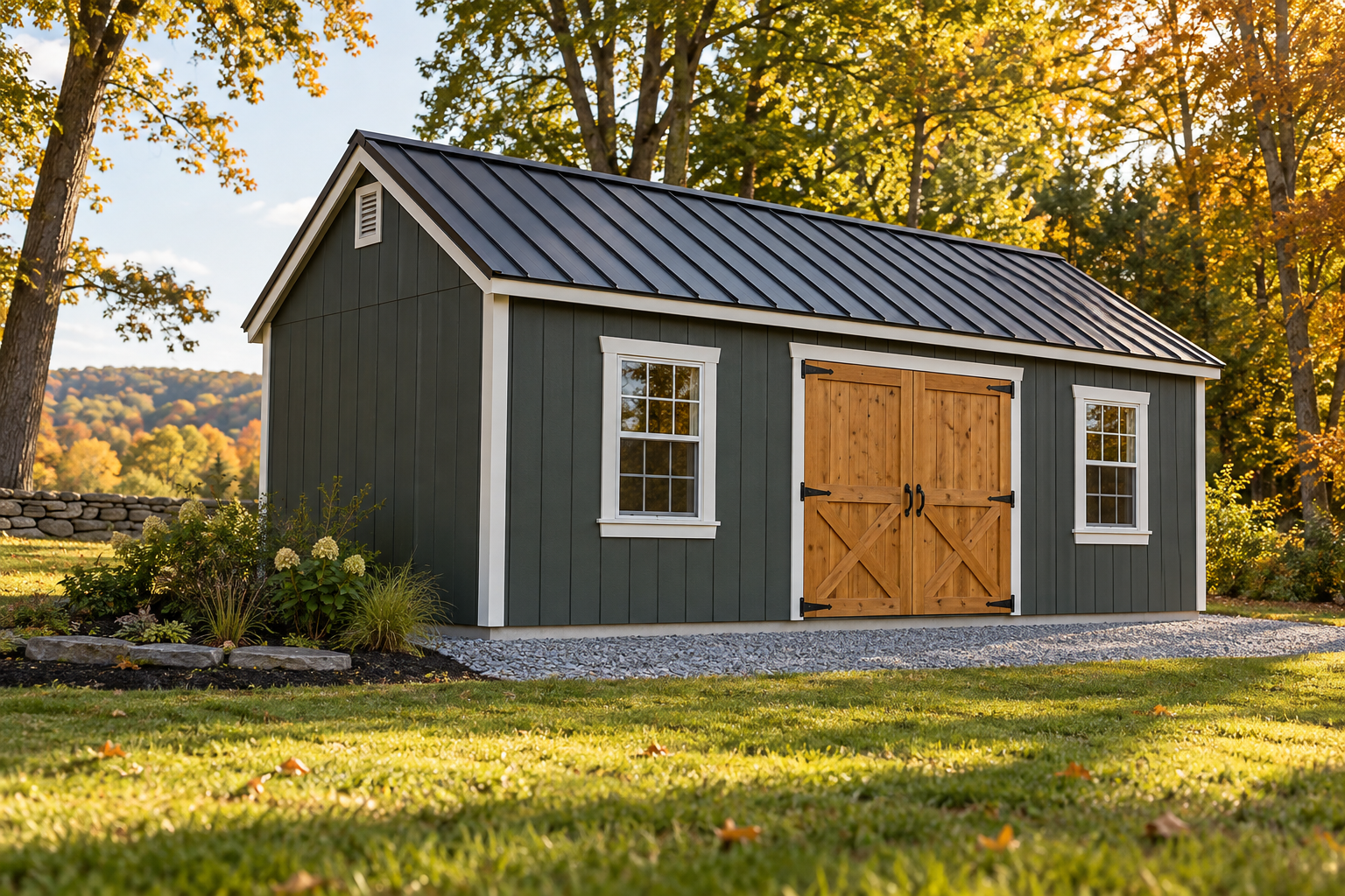 Green shed design concept with warm natural-wood doors