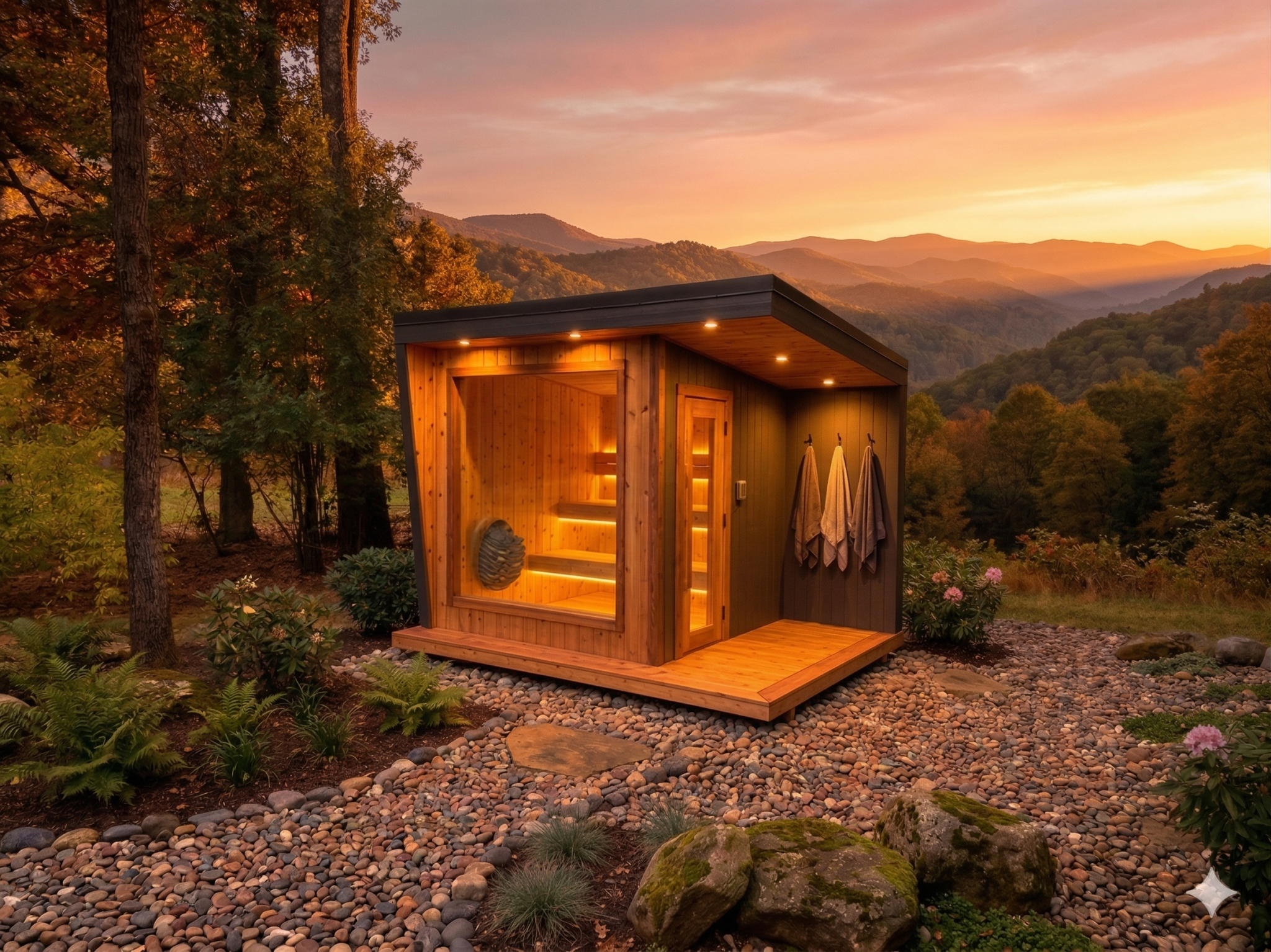 Modern Sauna visualization with a glazed front, covered entry and warm interior lighting